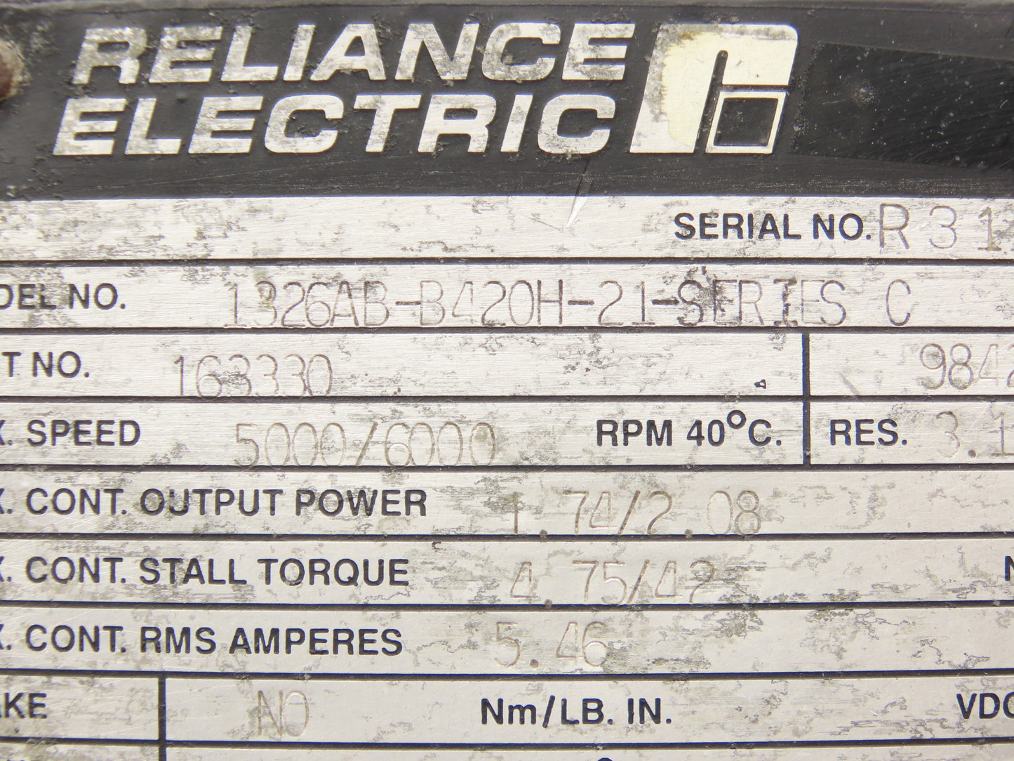 Reliance Electric 1326AB-B420H-21-SERIES C Servo Motor 1.74/2.08kW 5000/6000RPM