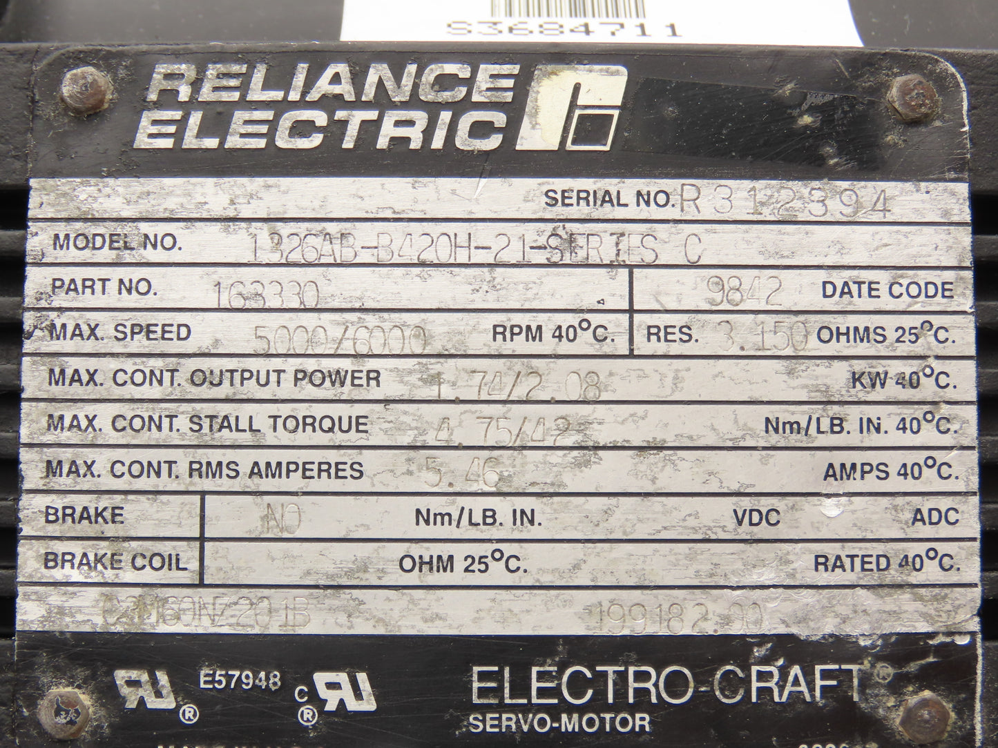 Reliance Electric 1326AB-B420H-21-SERIES C Servo Motor 1.74/2.08kW 5000/6000RPM