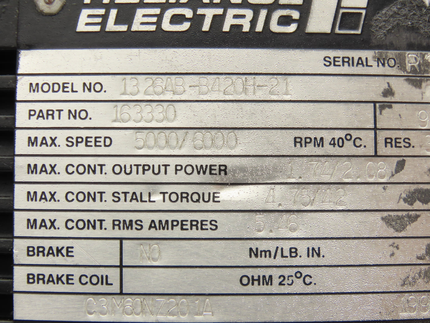 Reliance Electric 1326AB-B420H-21 Servo Motor 1.74/2.08kW 5000/6000RPM