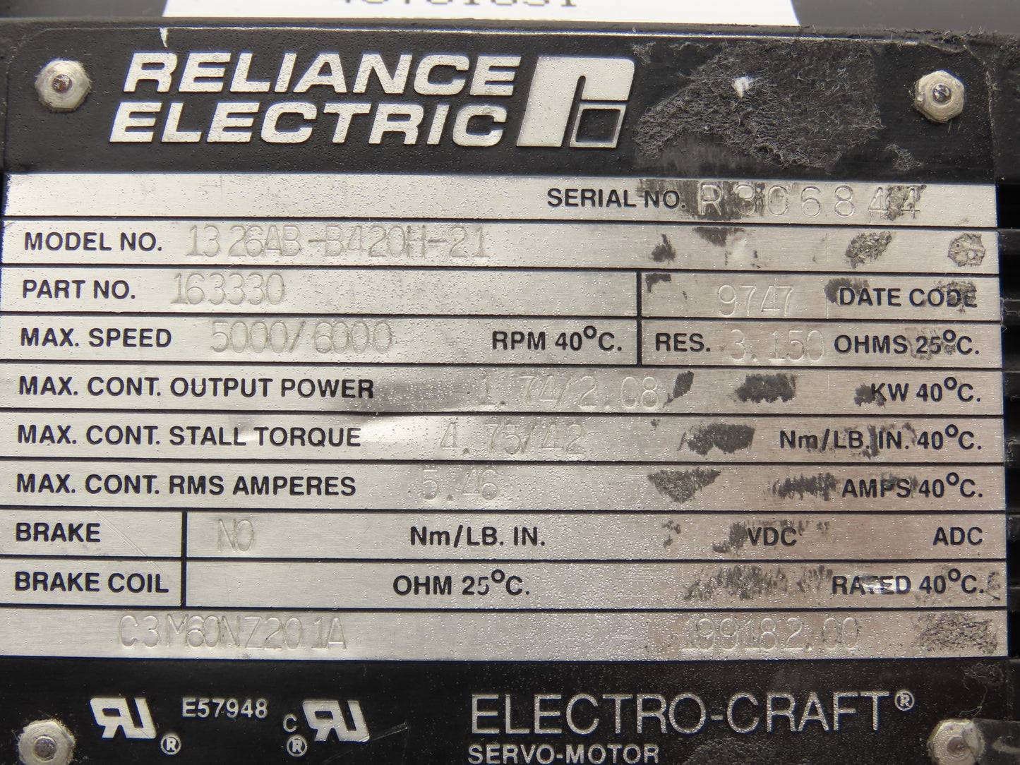 Reliance Electric 1326AB-B420H-21 Servo Motor 1.74/2.08kW 5000/6000RPM