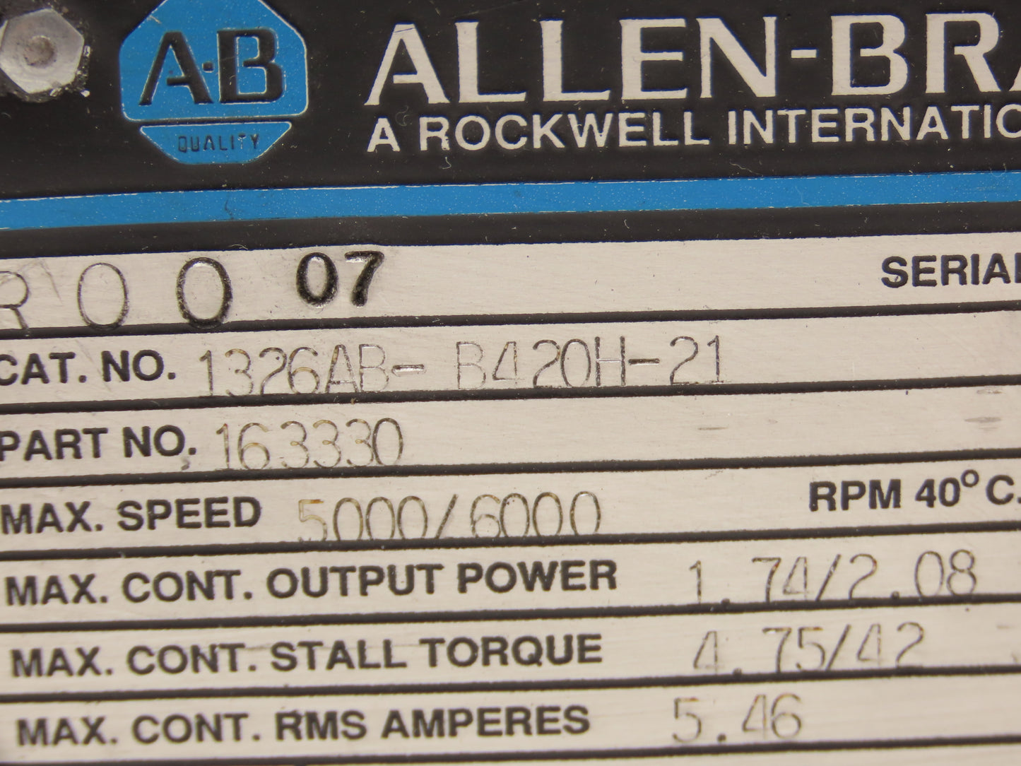 Allen Bradley 1326AB-B420H-21 Servo Motor 1.74/2.08kW 5000/6000RPM