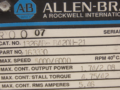 Allen Bradley 1326AB-B420H-21 Servo Motor 1.74/2.08kW 5000/6000RPM