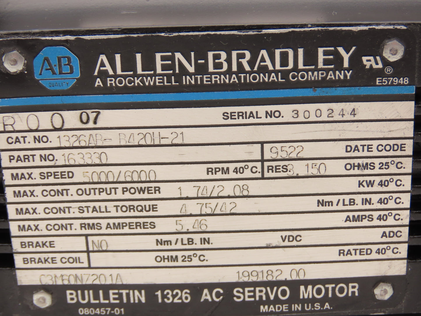 Allen Bradley 1326AB-B420H-21 Servo Motor 1.74/2.08kW 5000/6000RPM