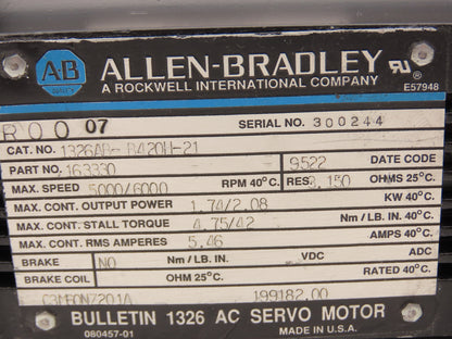 Allen Bradley 1326AB-B420H-21 Servo Motor 1.74/2.08kW 5000/6000RPM