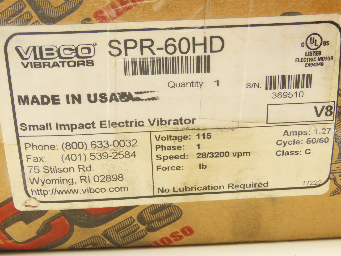 Vibco SPR-60HD Industrial Electric Vibrator Bin Shaker 115V 1PH 28/3200 RPM