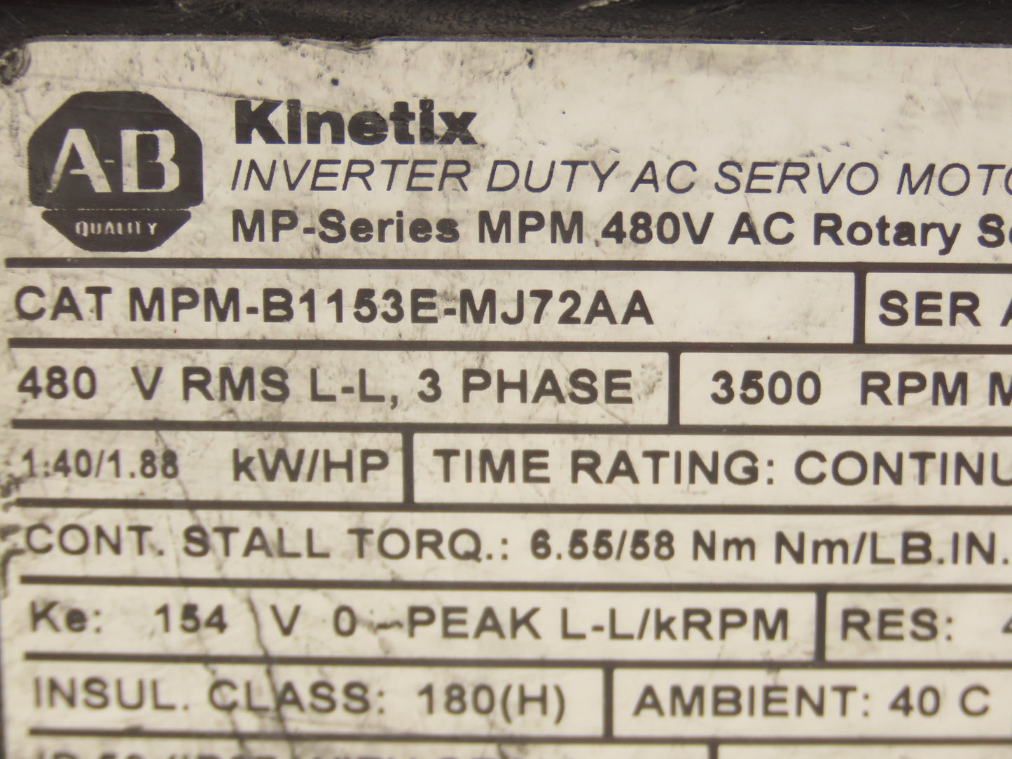 Allen Bradley MPM-B1153E-MJ72AA Kinetix AC Servo Motor 1.86Hp 3500 RPM 480V 3PH