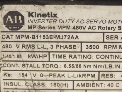 Allen Bradley MPM-B1153E-MJ72AA Kinetix AC Servo Motor 1.86Hp 3500 RPM 480V 3PH
