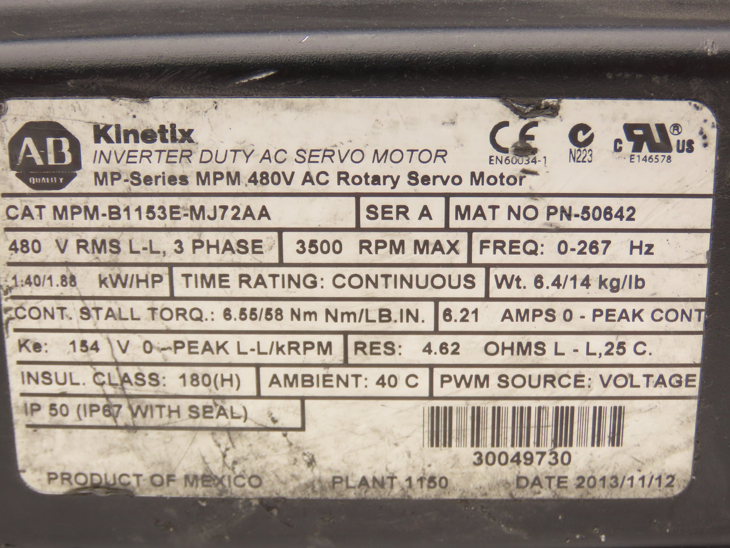 Allen Bradley MPM-B1153E-MJ72AA Kinetix AC Servo Motor 1.86Hp 3500 RPM 480V 3PH