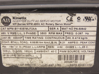 Allen Bradley MPM-B1153E-MJ72AA Kinetix AC Servo Motor 1.86Hp 3500 RPM 480V 3PH