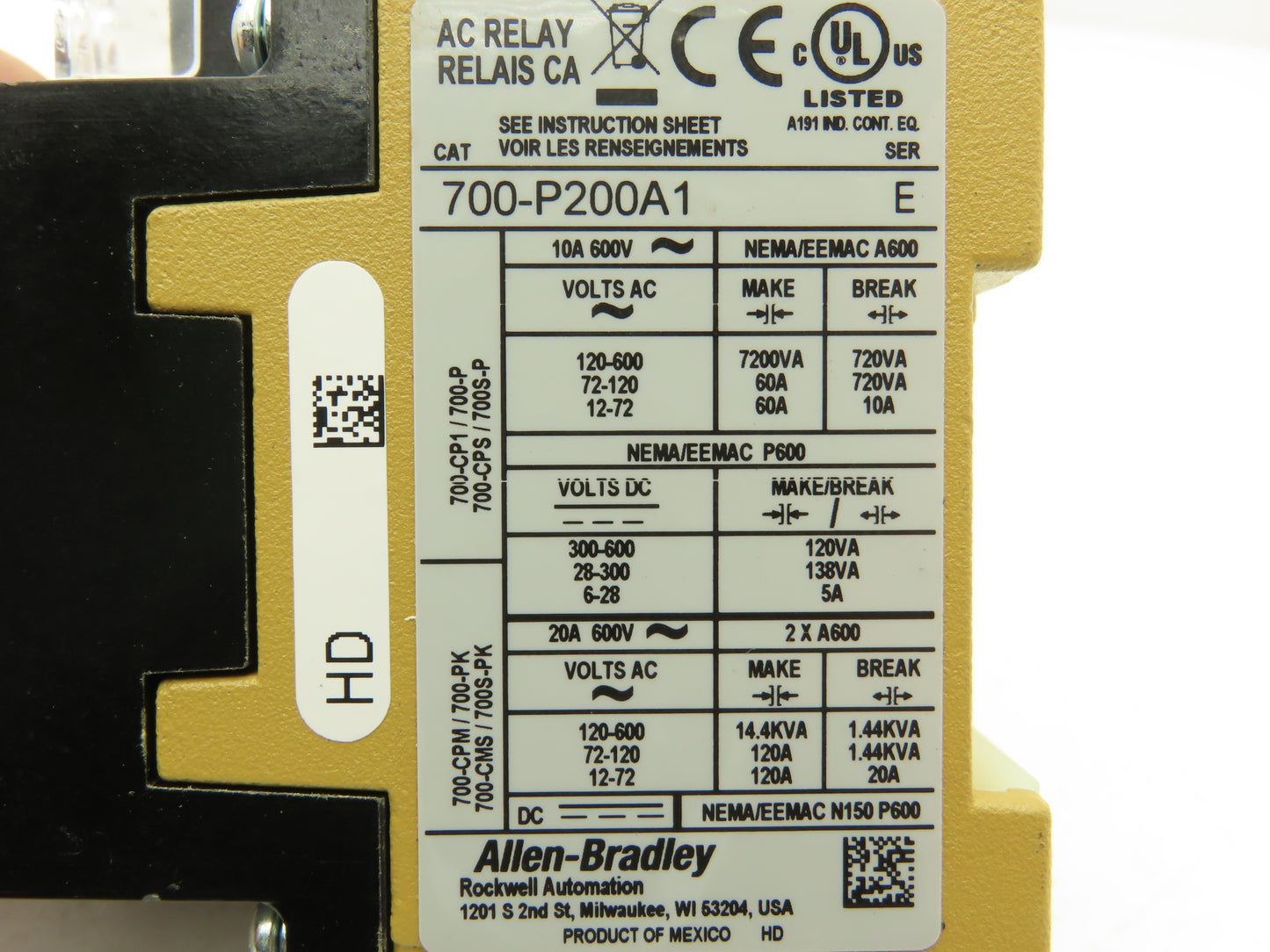 Allen-Bradley 700-P200A1 AC Relay 2 Pole Contactor 10A 600V 2NO 120V Coil Ser E