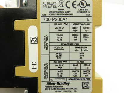 Allen-Bradley 700-P200A1 AC Relay 2 Pole Contactor 10A 600V 2NO 120V Coil Ser E