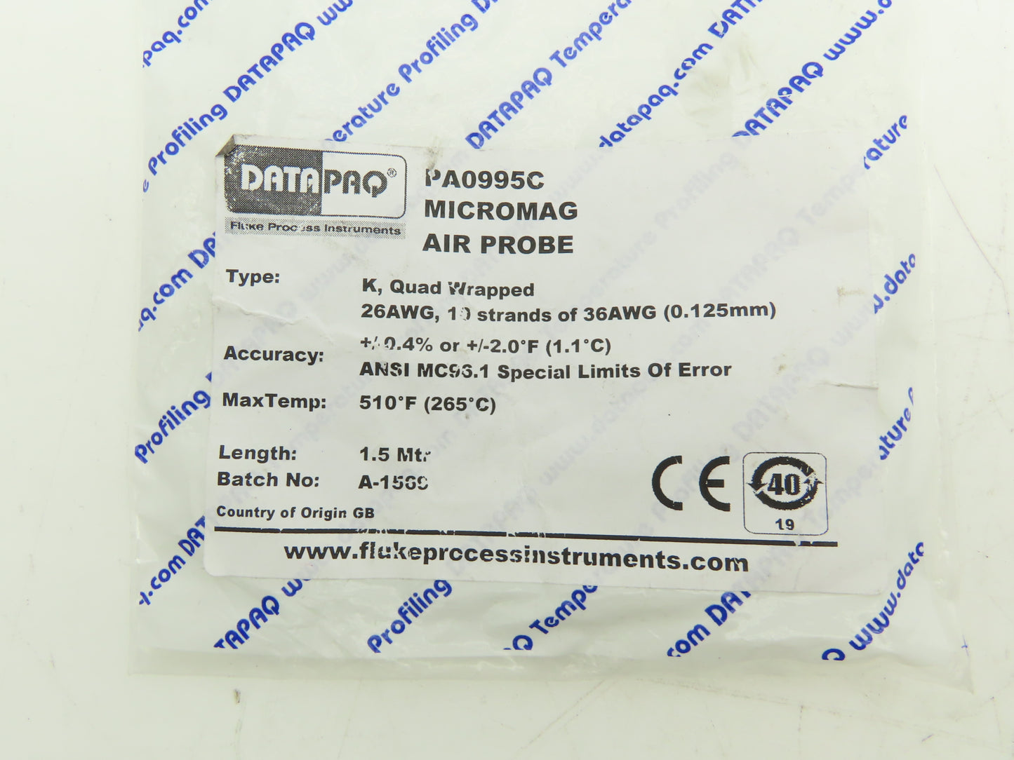 Datapaq PA0995C Data Logger Type K MicroMag Air Probe Thermocouple 510°F