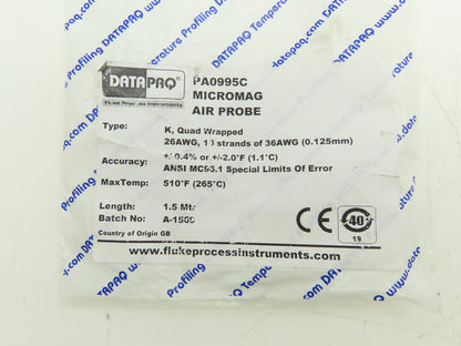 Datapaq PA0995C Data Logger Type K MicroMag Air Probe Thermocouple 510°F