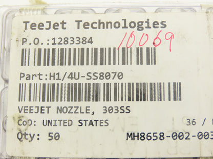 Spraying Systems H1/4U-SS8070 Veejet Stainless Spray Nozzle 1/4" NPT Lot of 10