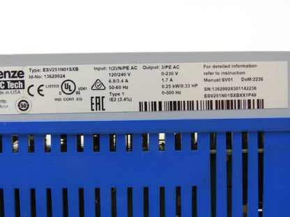 Lenze ESV251N01SXB SMV Drive 1/3HP 1240/240 VAC Input 0-500Hz 0-230 3ph .33Hp