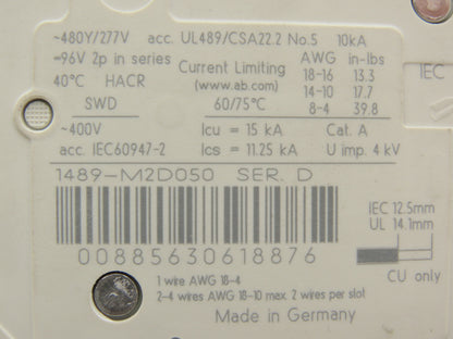 Allen Bradley 1489-M2D050 Circuit Breaker 5A 2 Pole 480 VAC Ser D Lot of 3