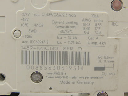 Allen Bradley 1489-M1C130 Circuit Breaker 13A 1 Pole 480 VAC Ser D Lot of 3