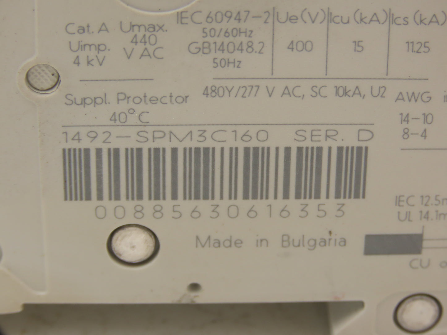Allen Bradley 1492-SPM3C160 Circuit Breaker 16A 3 Pole 480 VAC Ser D
