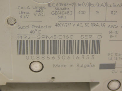 Allen Bradley 1492-SPM3C160 Circuit Breaker 16A 3 Pole 480 VAC Ser D