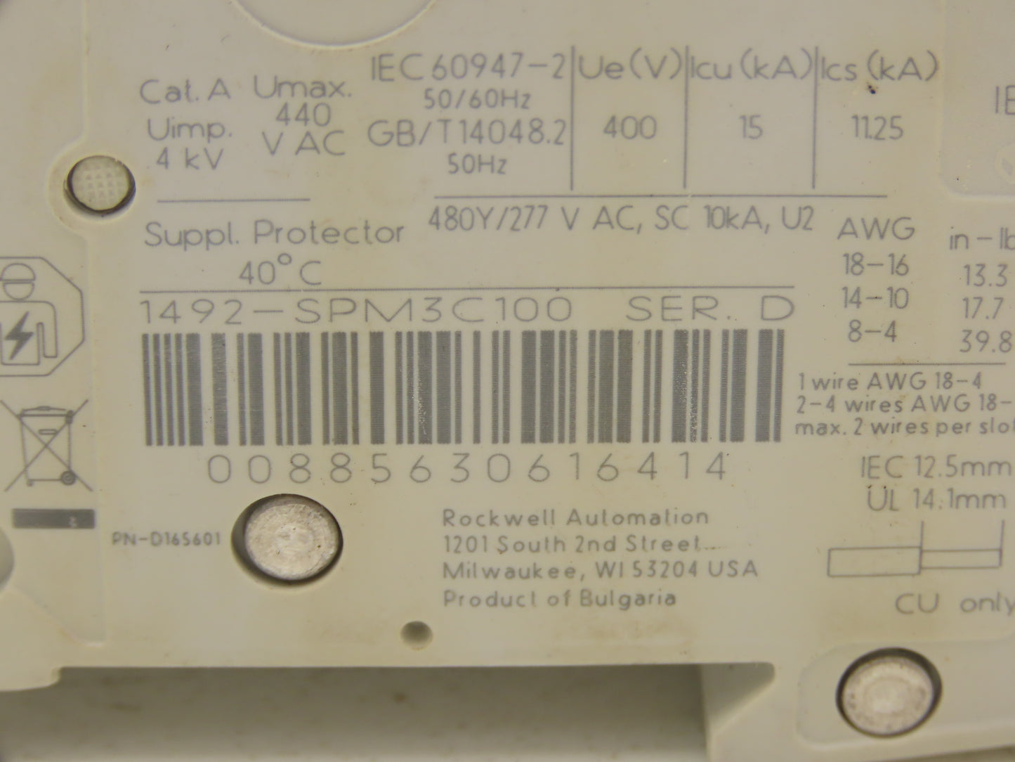 Allen Bradley 1492-SPM3C100 Circuit Breaker 10A 3 Pole 480 VAC Ser D
