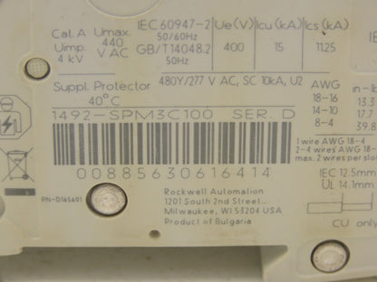 Allen Bradley 1492-SPM3C100 Circuit Breaker 10A 3 Pole 480 VAC Ser D