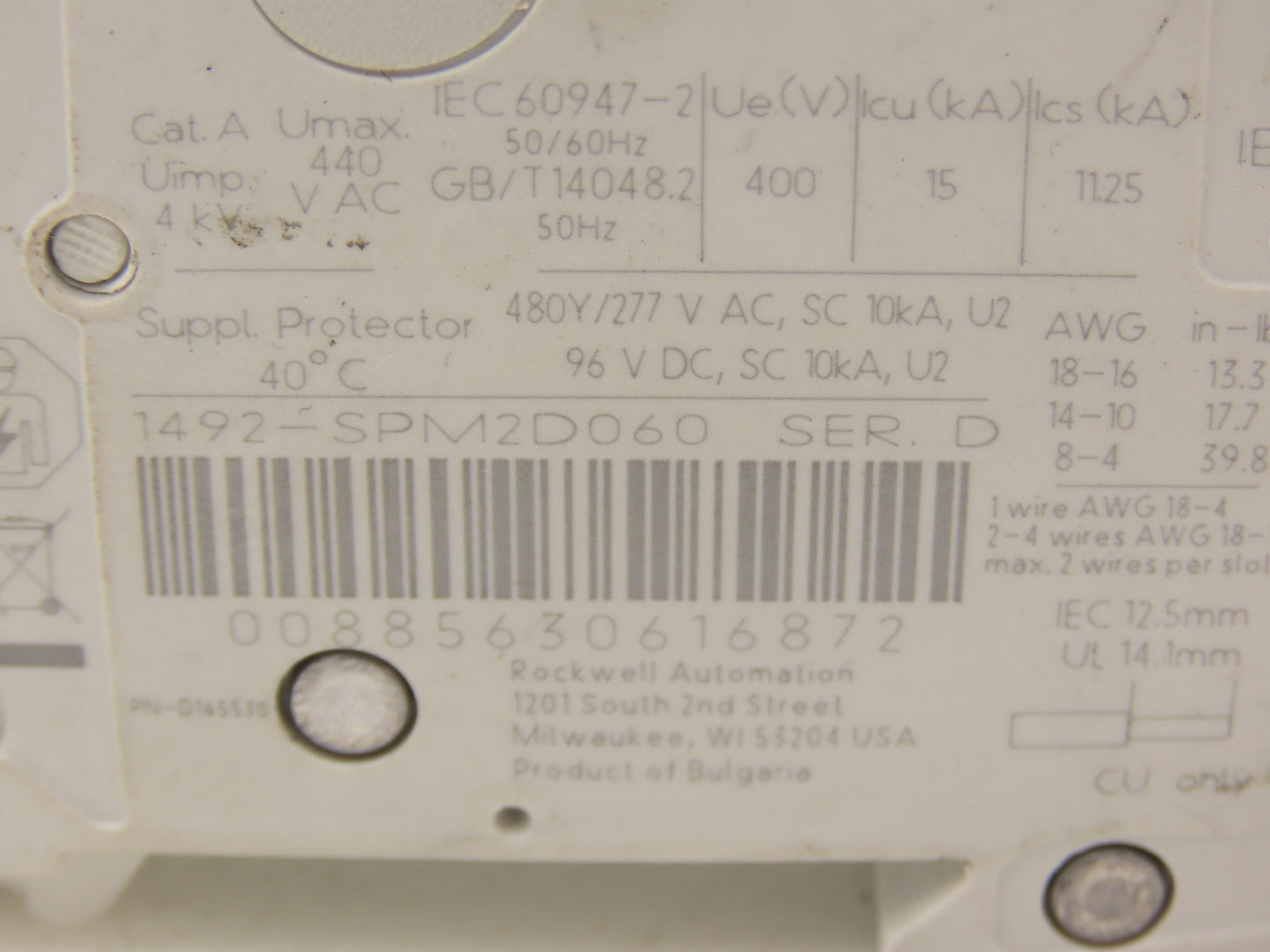 Allen Bradley 1492-SPM2D060 Circuit Breaker 6A 2 Pole 480 VAC Ser D Lot of 2