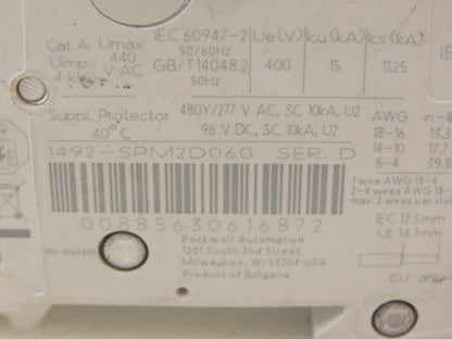 Allen Bradley 1492-SPM2D060 Circuit Breaker 6A 2 Pole 480 VAC Ser D Lot of 2