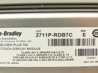 Allen Bradley 2711P-B7C4D8 HMI PanelView Plus 700 Operator Interface 24VDC Ser A