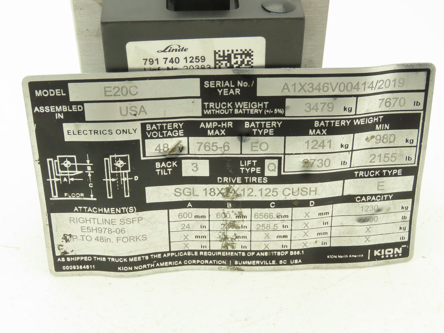 Linde 791 740 1259 Forklift Voltage Transformer Removed From E20C