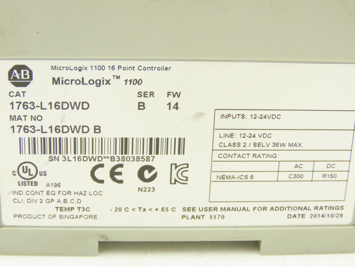 Allen Bradley 1763-L16DWD PLC MicroLogix 1100 16 Point Controller Ser B FW 14