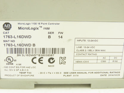 Allen Bradley 1763-L16DWD PLC MicroLogix 1100 16 Point Controller Ser B FW 14