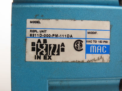 Mac 6311D-000-PM-111DA 6300 Series Pneumatic Solenoid Valve 120VAC 6.8W 150 PSI