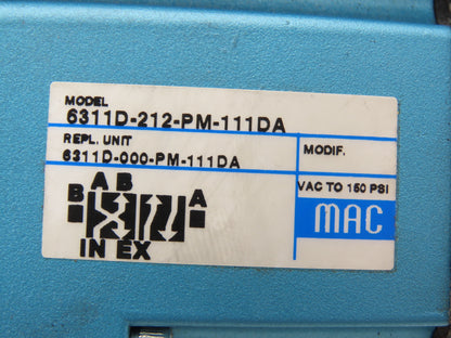 MAC 6311D-212-PM-111DA Pneumatic Solenoid Valve 120VAC 3/8"NPT W/Manifold 150PSI