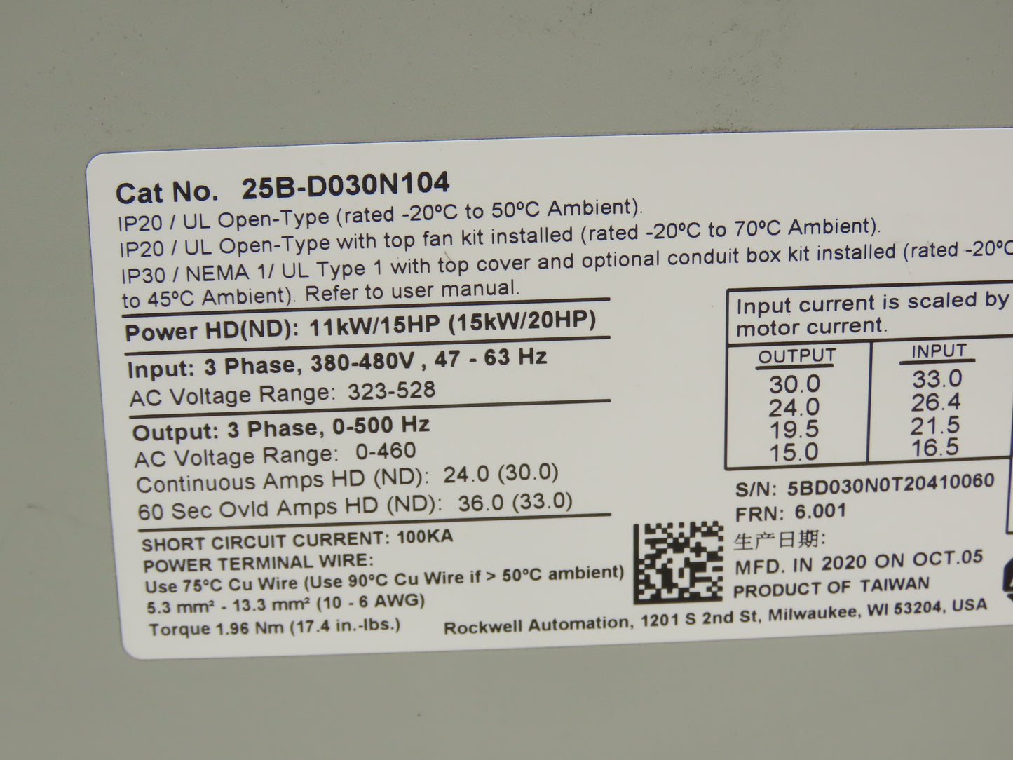 Allen Bradley 25B-D030N104 PowerFlex 525 VFD 500Hz 20Hp 460v 30A FRN 5.002 Ser A