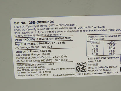 Allen Bradley 25B-D030N104 PowerFlex 525 VFD 500Hz 20Hp 460v 30A FRN 5.002 Ser A