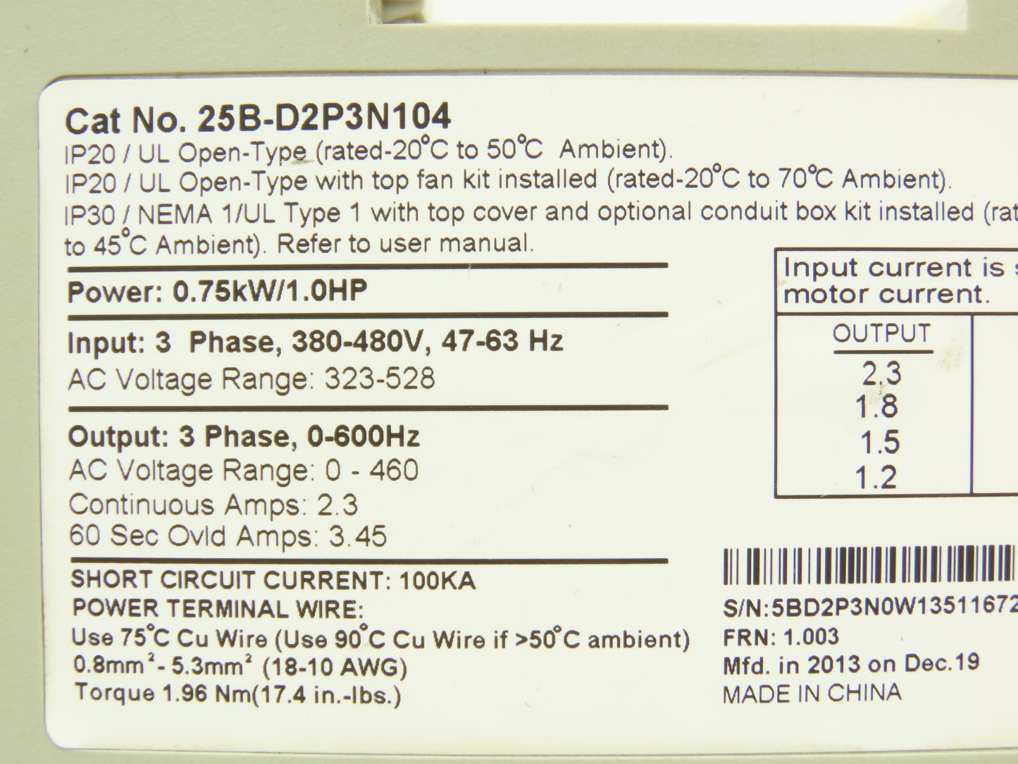 Allen Bradley 25B-D2P3N104 PowerFlex 525 VFD AC Drive 1Hp 480V 3Ph FRN 1.003