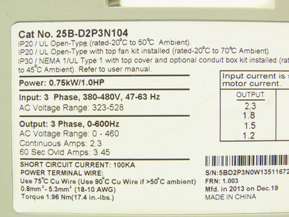 Allen Bradley 25B-D2P3N104 PowerFlex 525 VFD AC Drive 1Hp 480V 3Ph FRN 1.003