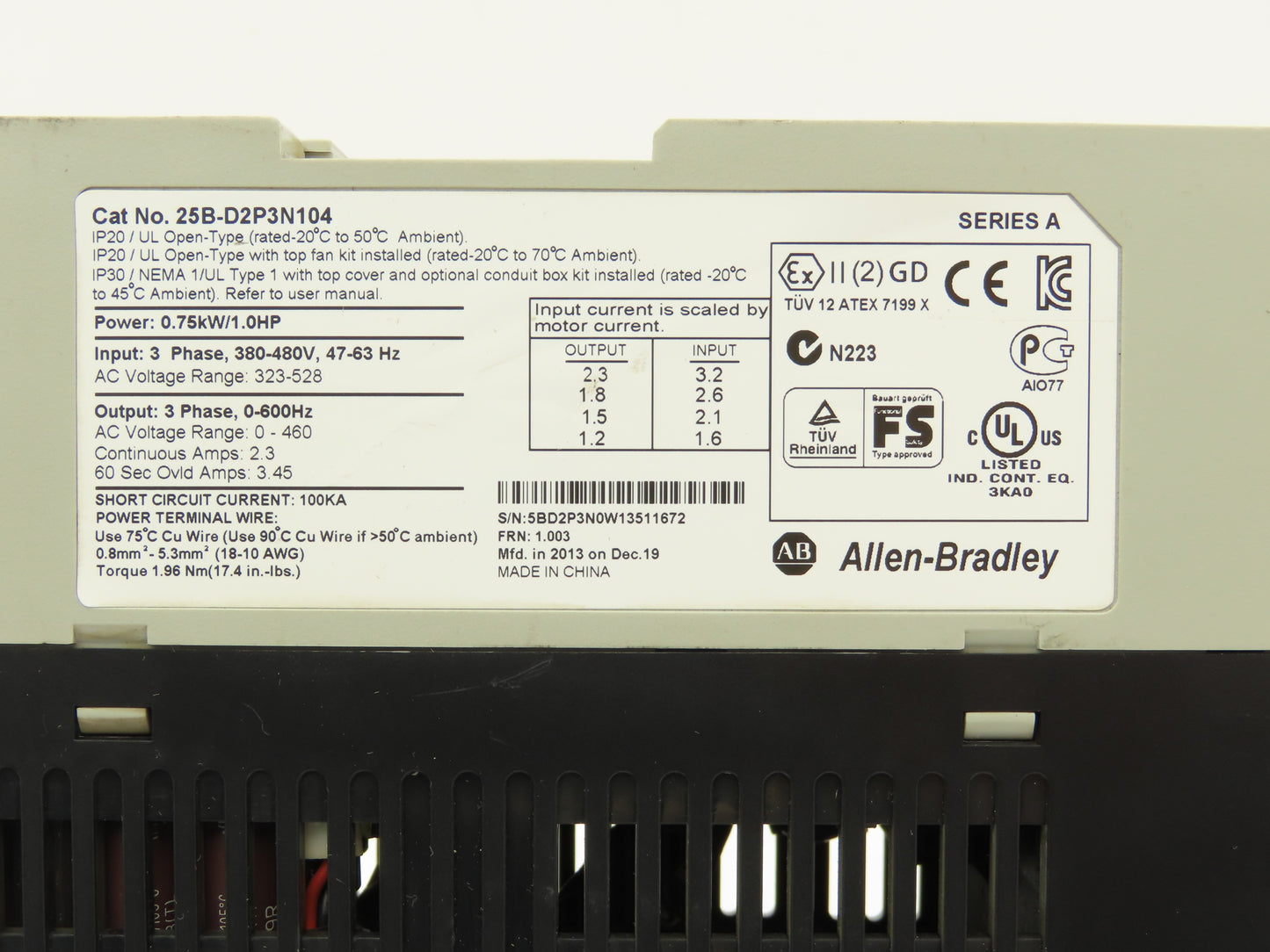 Allen Bradley 25B-D2P3N104 PowerFlex 525 VFD AC Drive 1Hp 480V 3Ph FRN 1.003