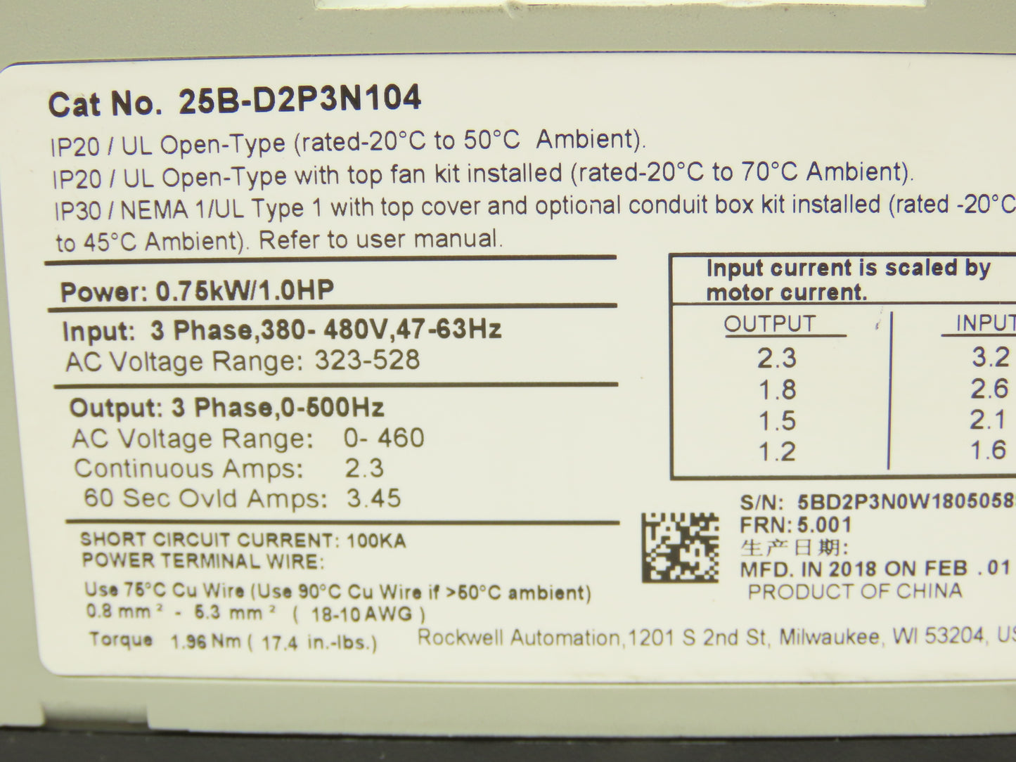 Allen Bradley 25B-D2P3N104 PowerFlex 525 VFD AC Drive 1Hp 480V 3Ph FRN 5.001