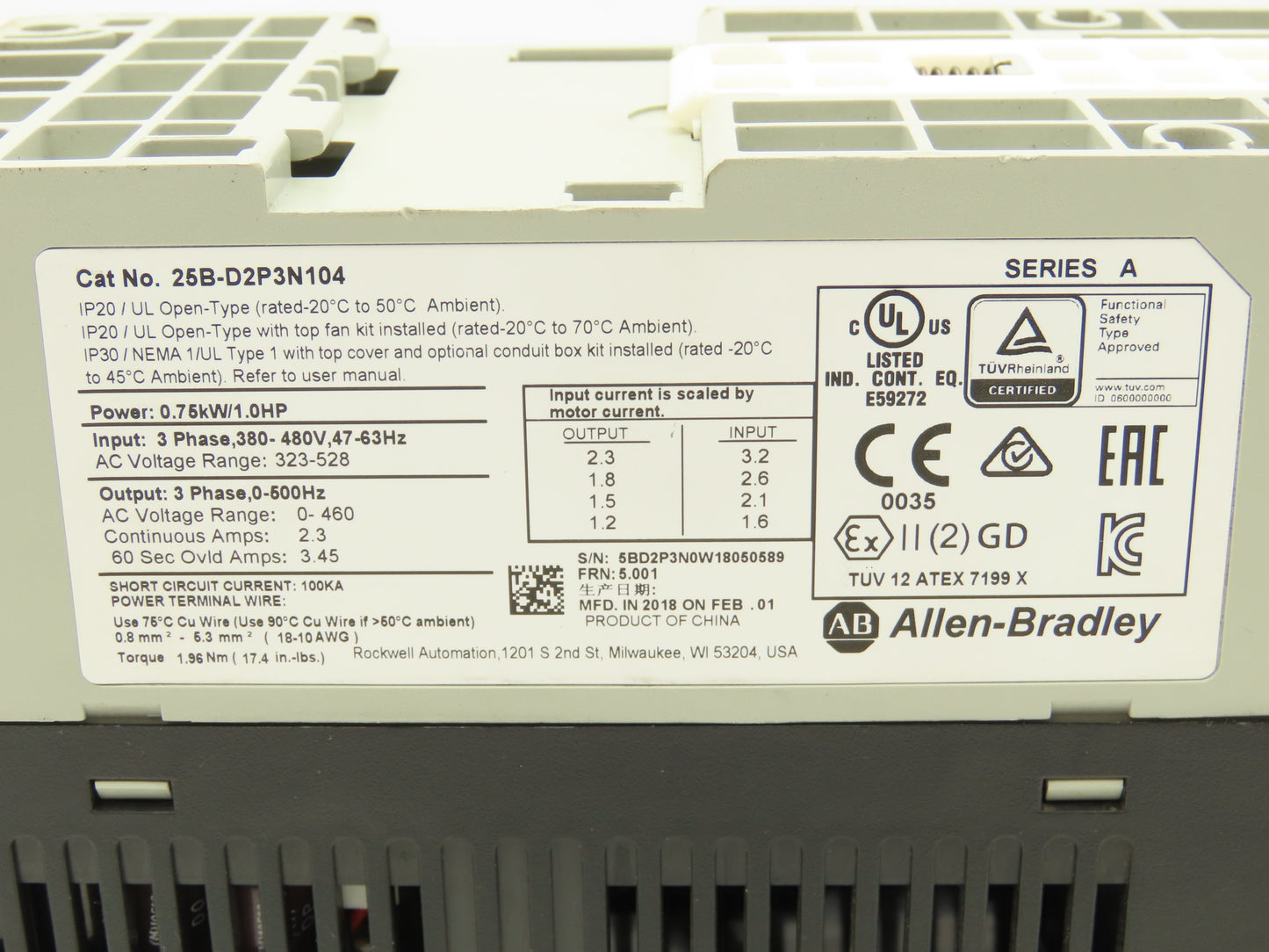 Allen Bradley 25B-D2P3N104 PowerFlex 525 VFD AC Drive 1Hp 480V 3Ph FRN 5.001