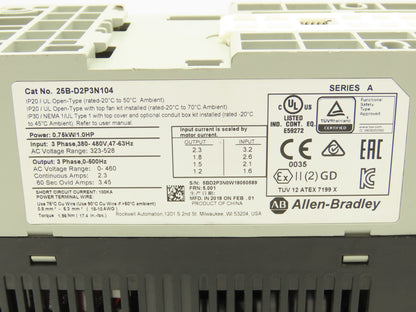 Allen Bradley 25B-D2P3N104 PowerFlex 525 VFD AC Drive 1Hp 480V 3Ph FRN 5.001