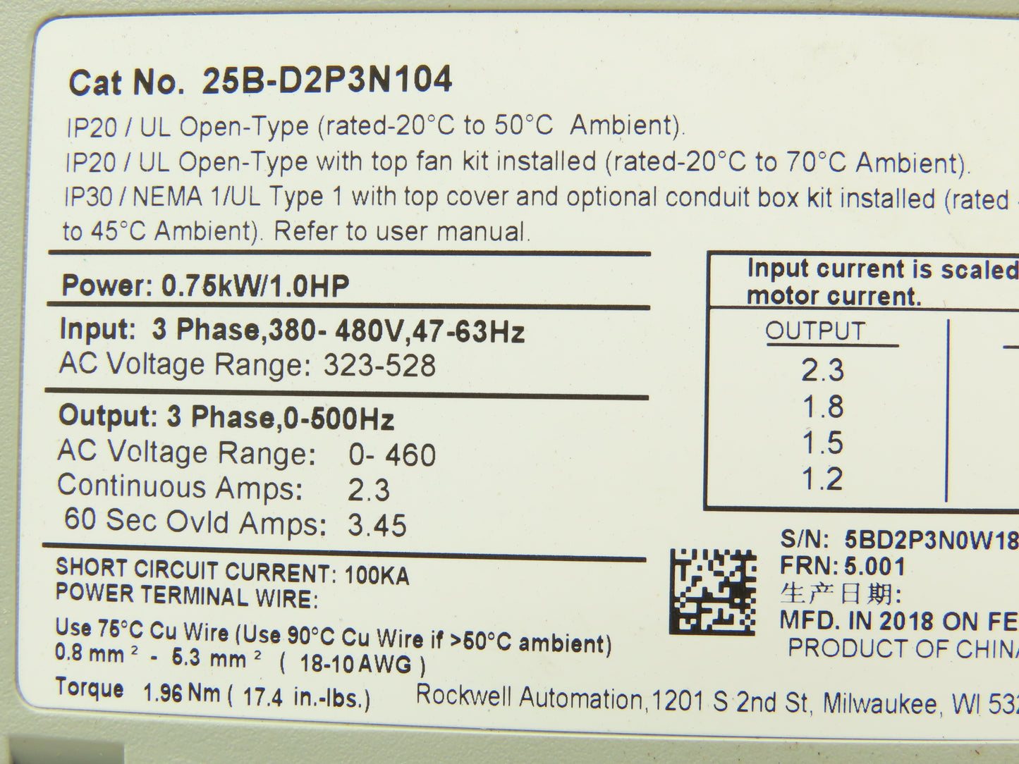 Allen Bradley 25B-D2P3N104 PowerFlex 525 VFD AC Drive 1Hp 480V 3Ph FRN 5.001