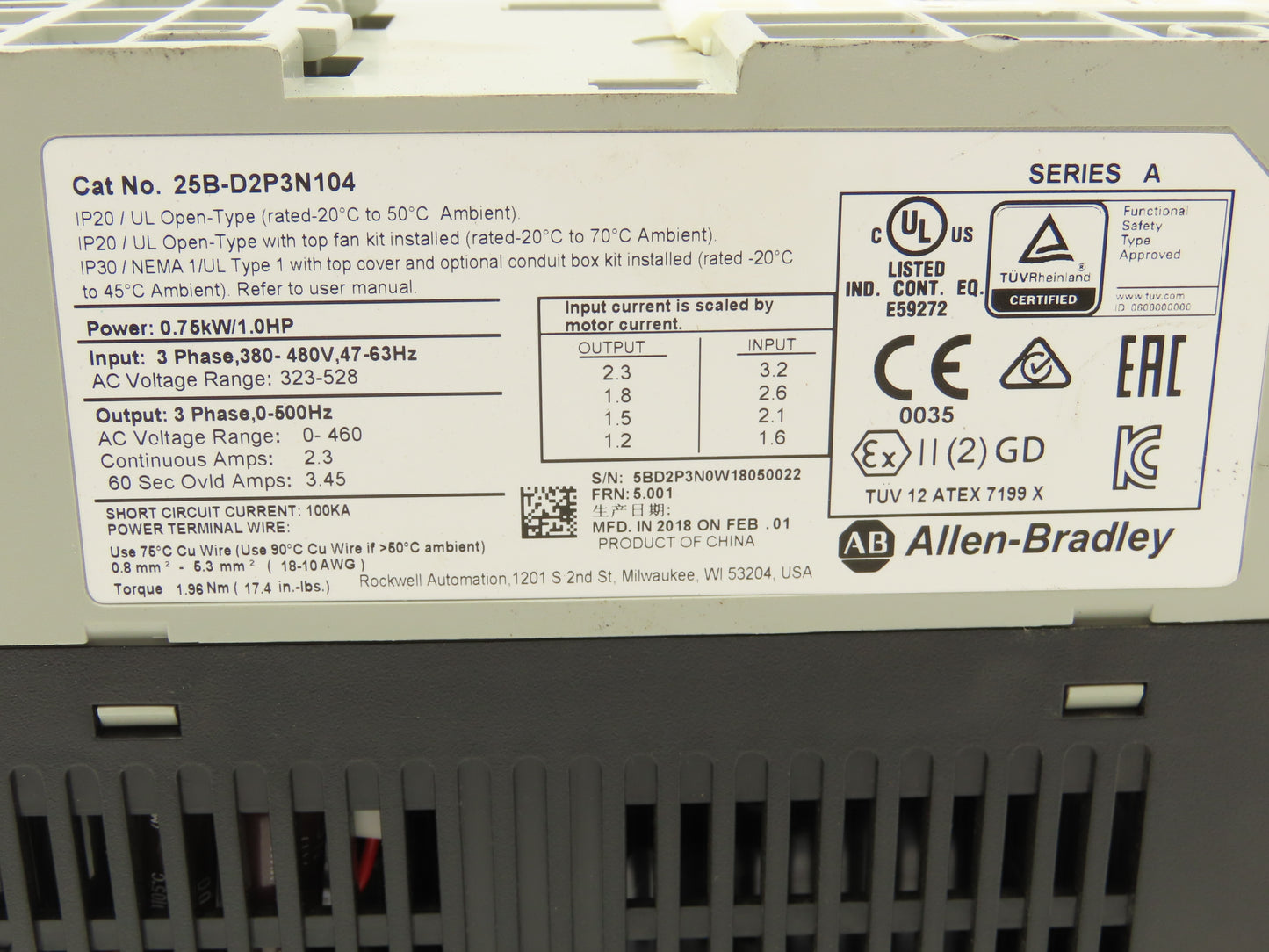 Allen Bradley 25B-D2P3N104 PowerFlex 525 VFD AC Drive 1Hp 480V 3Ph FRN 5.001