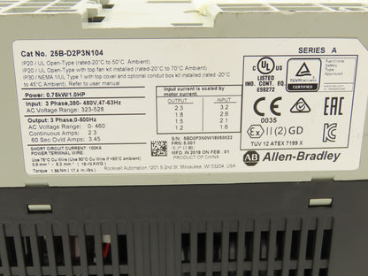 Allen Bradley 25B-D2P3N104 PowerFlex 525 VFD AC Drive 1Hp 480V 3Ph FRN 5.001