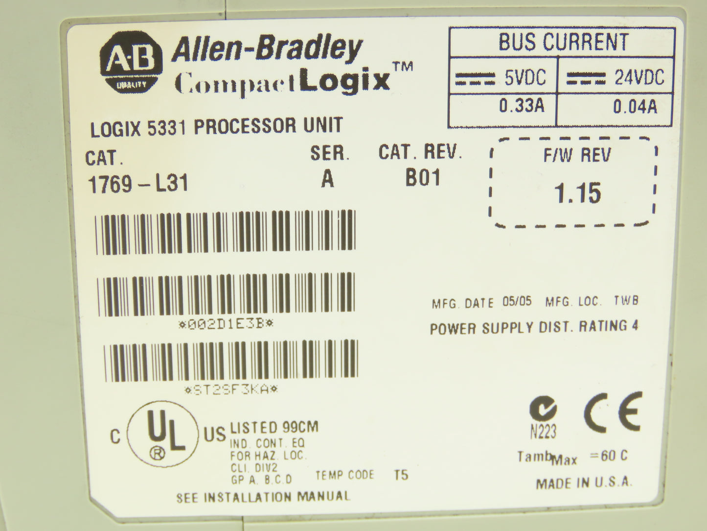 Allen Bradley 1769-L31 CompactLogix 5331 Controller Ser A Rev B01 F/W 1.15