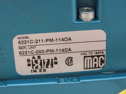 MAC 6221C-211-PM-114DA Pneumatic Solenoid Valve 3/8" Ports 120VAC Coil 150PSI