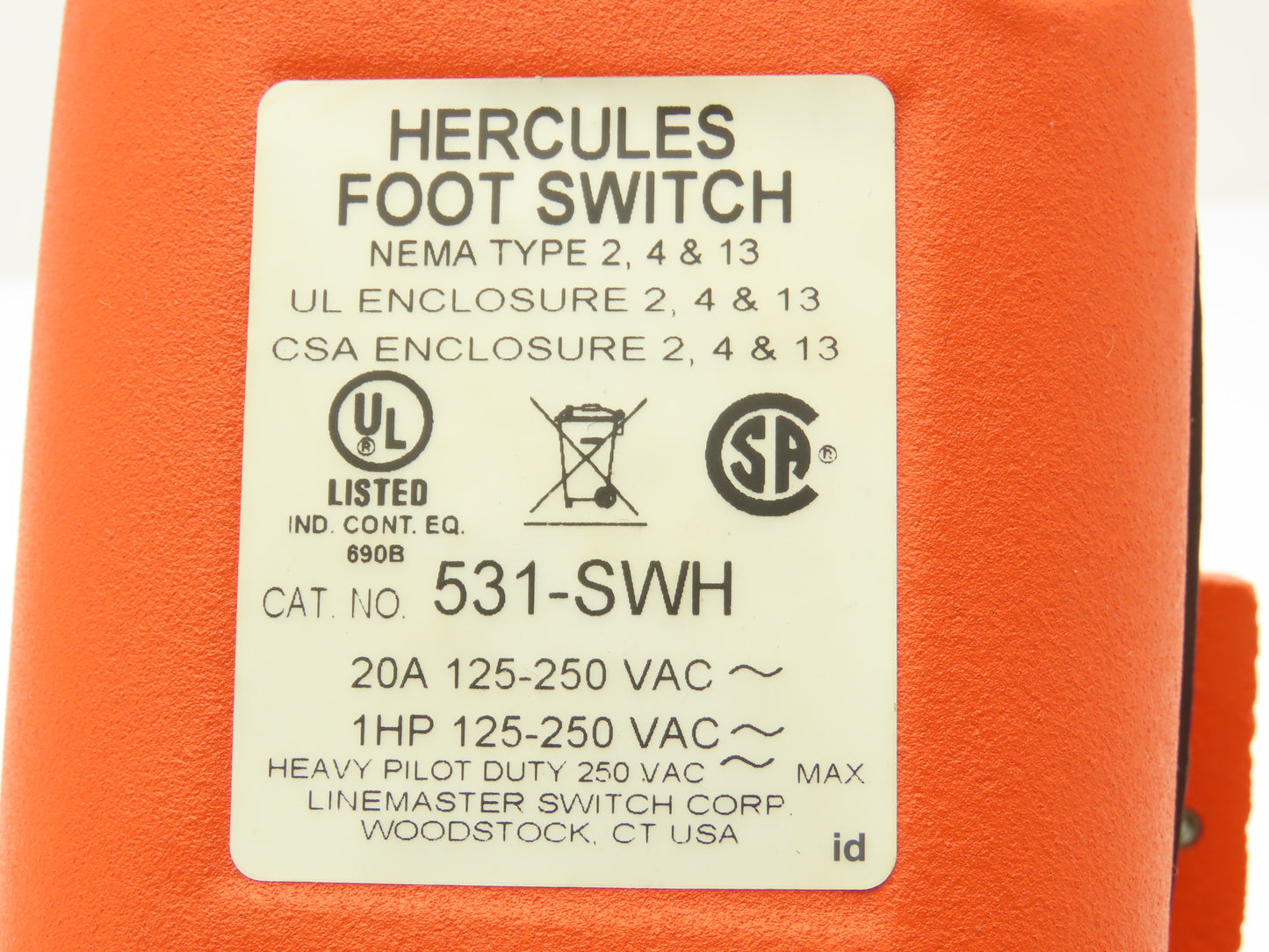 Linemaster 531-SWH Hercules Foot Switch 1 Hp 20A 125-250VAC Momentary Pedal SPDT