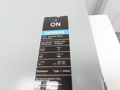Siemens F355 Vacu Break Clampamtic Safety Disconnect Switch 400A 600V 3P Fused