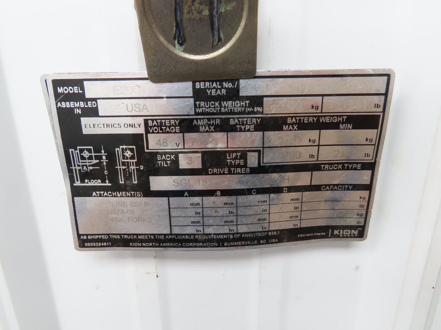 Linde E20C Forklift Mast Class II 4 Stage 4 Lever 258.5" Lift 2155 lbs Max