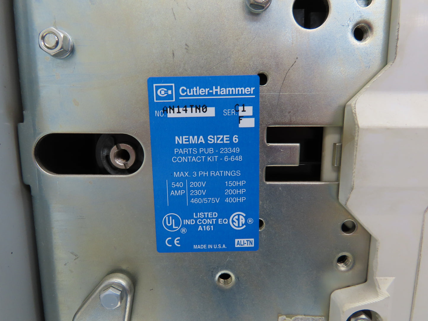 Cutler Hammer AN14TN0 400Hp Industrial Motor Starter Size 6 Overload Protection